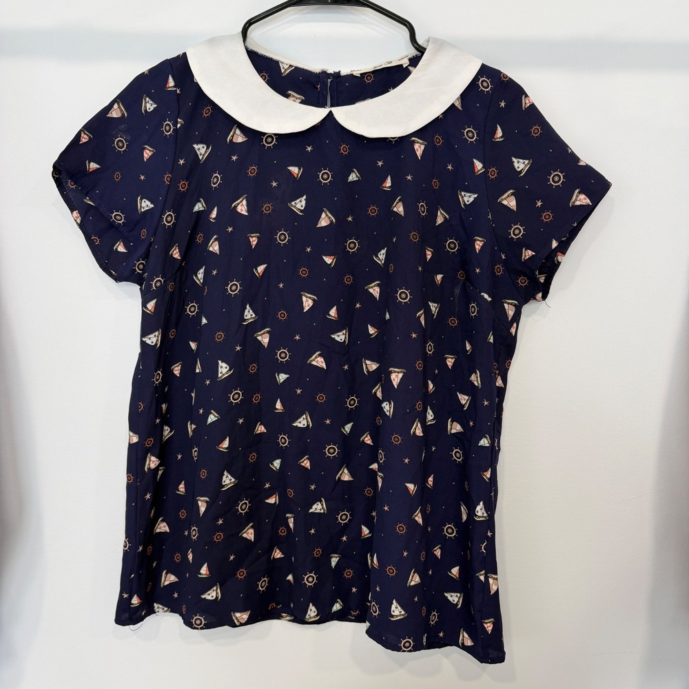 Jessy B Nautical Sailboat Print Peter Pan Collar Blouse Top M Coastal Preppy